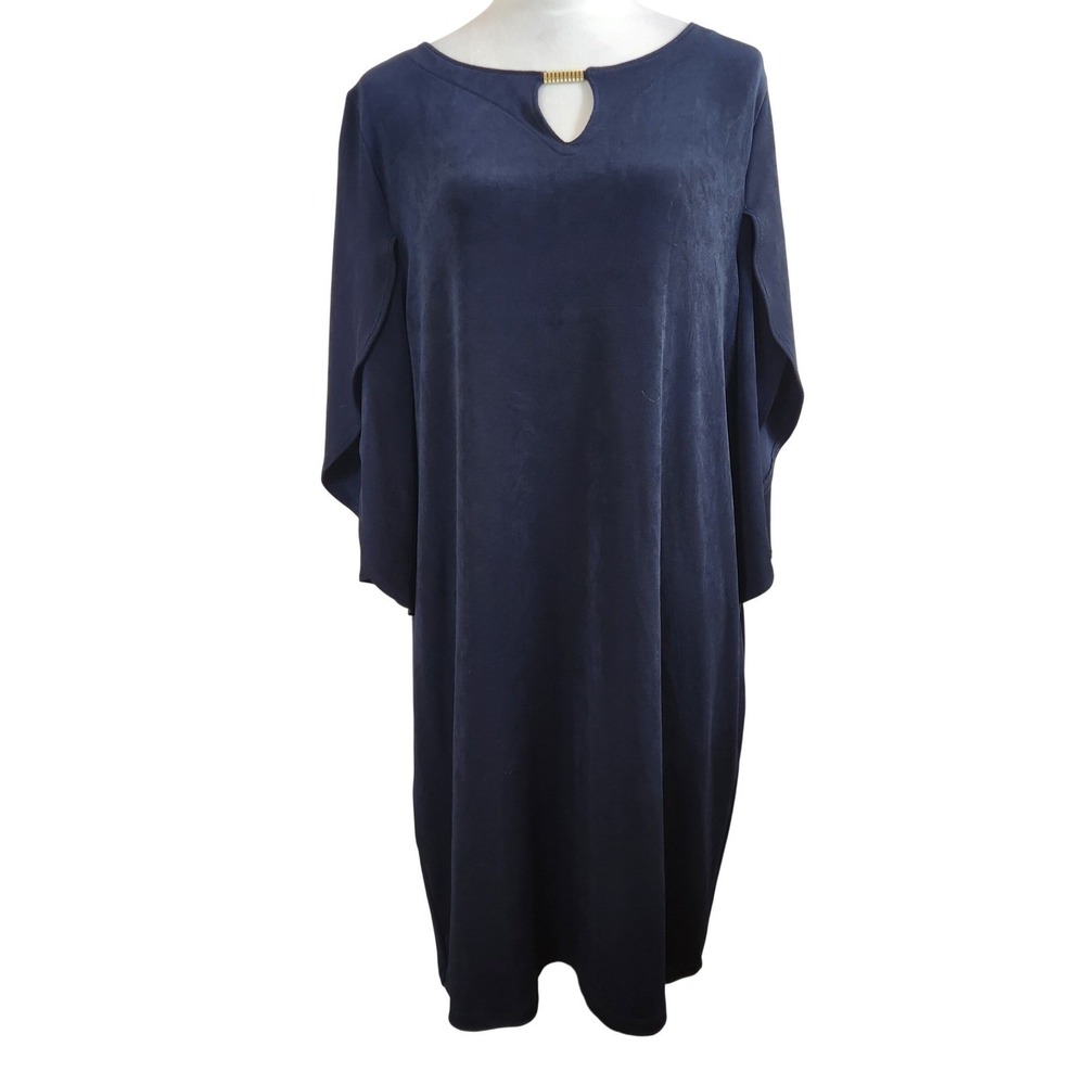 Chicos 3P Travelers Drama Sleeve Dress XLP Petite India Ink Navy Blue Slinky NWT